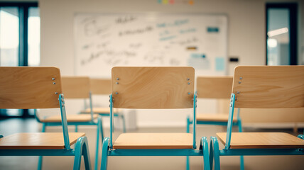 Modern classroom chairs aligned in front of a whiteboard suggesting education, preparation and organized learning environment.
