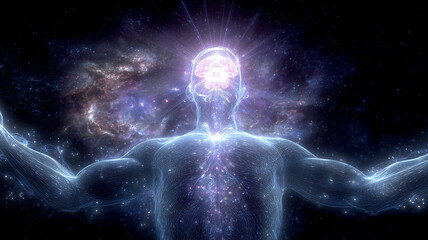 Human Energy and Consciousness Concept in Digital Form.
A glowing transparent human figure expands into the cosmos, symbolizing awareness, universal connection, inner power