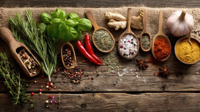 Various spices and herbs arranged on a rustic wooden table with a hessian cloth, including garlic, ginger, turmeric, and basil. - Powered by Adobe