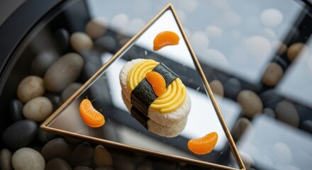 Japaneese cheesecake Gourmet vegan sushi presentation featuring a sweet dessert sushi roll with yellow cream and mandarin orange segments arranged on a triangular reflective surface.