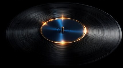 Close up of a spinning black vinyl record with a blue center label illuminated by warm golden light