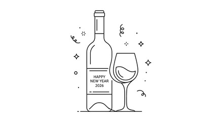 Elegant line art of wine bottle and glass with sparkles
