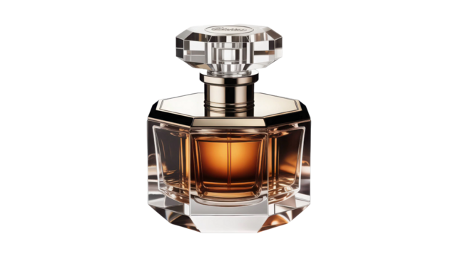 Elegant glass perfume bottle with amber liquid isolated on transparent background - Powered by Adobe