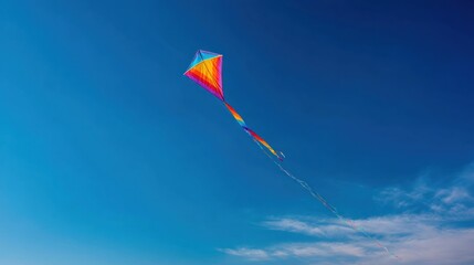A colorful kite soars high in the clear blue sky, with a rainbow tail and a triangular body, against a backdrop of fluffy white clouds and a bright blue sky.