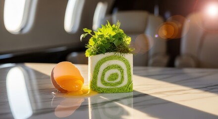 Japaneese cheesecake gourmet green vegetable roll with fresh herb garnish and spilled egg yolk resting on a reflective surface inside a private jet cabin during sunny flight