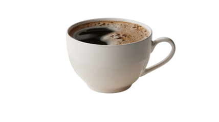 White ceramic mug filled with hot black coffee isolated on transparent background