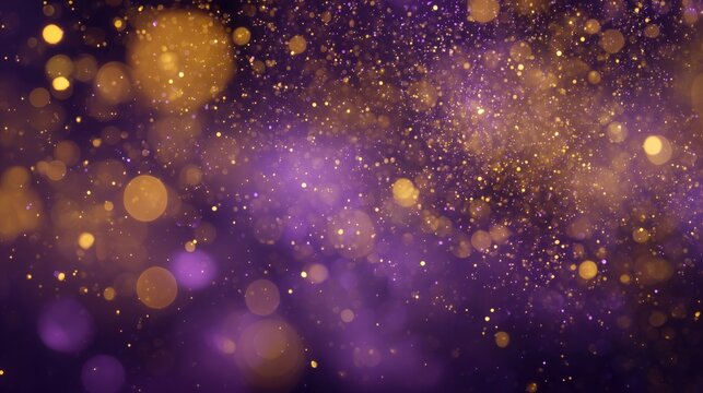 Luxury purple bokeh background with golden sparkles for celebration, Abstract background with swirling golden stardust and purple bokeh lights