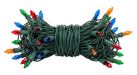 A bundle of tangled, multicolored christmas string lights with a dark green wire, isolated on transparent background