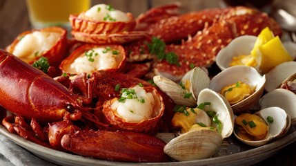 A seafood platter with lobster tails, clams, and other seafood items, served on a metal tray with a rustic wooden table in the background.