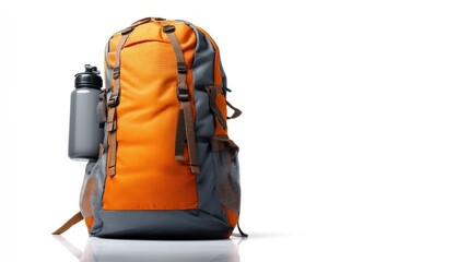 A large orange and gray hiking backpack with a black water bottle attached to the side, placed on a white background with a slight reflection.