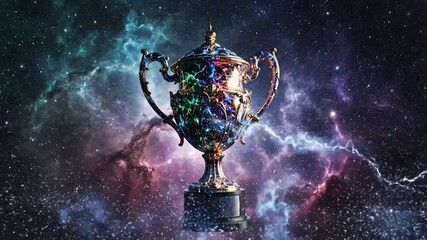 Celestial trophy illuminated within swirling nebulae