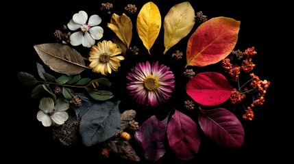 A circular arrangement of various autumn leaves and flowers, including a pink daisy, on a black background with a subtle gradient of colors.