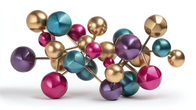 A colorful molecular model with gold, pink, and teal spheres connected by metallic rods, set against a white background.
