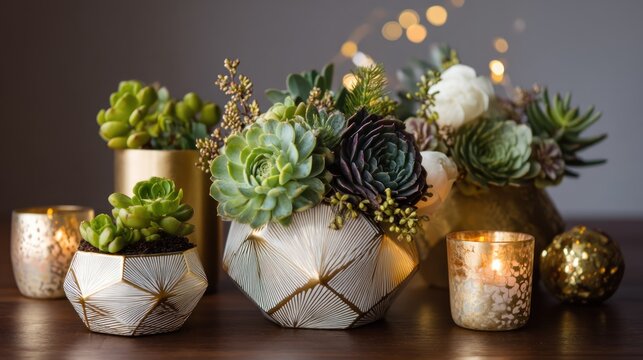 A variety of succulents and potted plants arranged in a decorative setting with candles and ornaments.