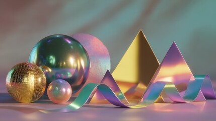 A colorful and vibrant arrangement of geometric shapes and metallic spheres on a reflective surface, with a gradient background and soft lighting effects.