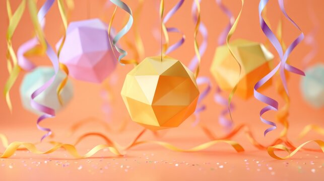 A colorful, abstract geometric pattern with a mix of pastel colors and geometric shapes, hanging from a string against a vibrant orange background.