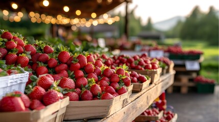 Fresh strawberries selling at outdoor farmers market stand