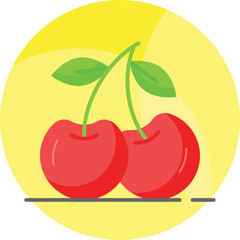 Two Bright Red Cherries with Green Stems and Leaves on a Yellow Circular Background with Subtle Shadows and Gray Line Base Clean Vector Illustration