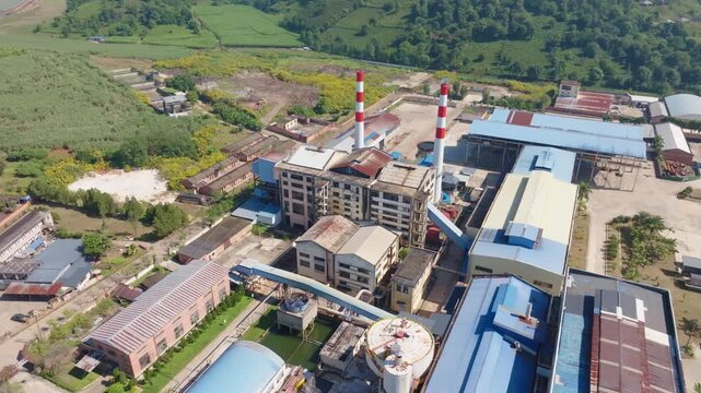Aerial View of Large Industrial Sugar Factory Complex and Processing Plant