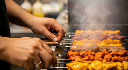 Chef grilling skewers of meat and vegetables over hot coals smoke rising from the grill.