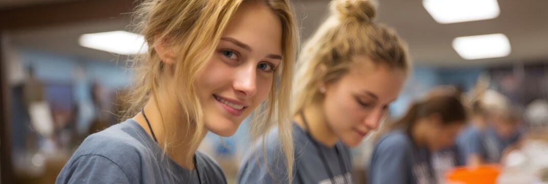 Young blonde woman learning in classroom smiling
