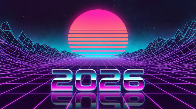 2026 Retro Wave Landscape with Glowing Sun and Neon Grid