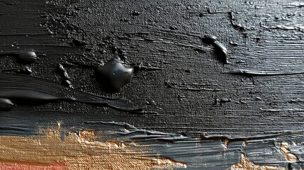 Close-up view of thick, textured oil paint strokes in black and gold, creating an abstract background.
