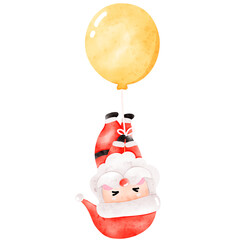 Watercolor Illustration of Santa Claus with Balloon, Cute Santa, Watercolor Christmas
