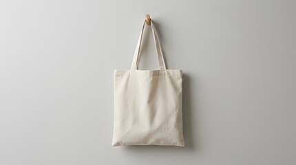 Blank white canvas tote bag hanging on a wall mockup