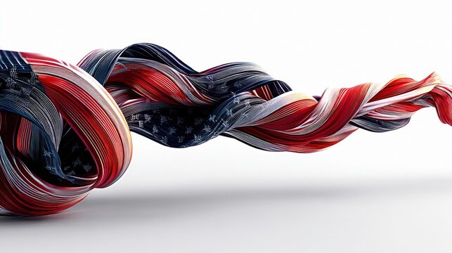 An abstract, twisted ribbon-like form resembling the American flag, flowing dynamically against a clean white background with soft lighting.