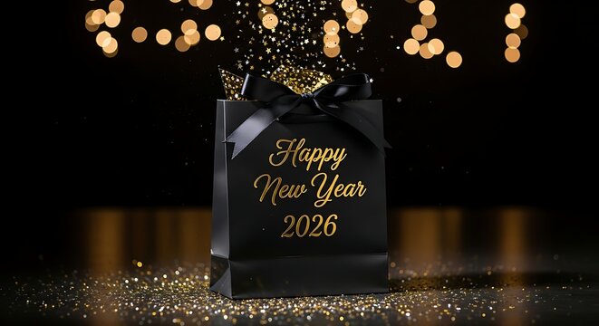 Elegant black gift box with golden happy new year 2026 message and bokeh lights - Powered by Adobe