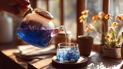 A person pouring a blue and purple tea into a glass cup with a floral design, set on a wooden table with a window in the background.