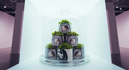 Japaneese cheesecake creative sushi roll tower centerpiece displayed under a glass dome in a modern, brightly lit art gallery or exhibition space, resembling a culinary sculpture