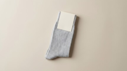 Soft grey socks with blank label on a smooth neutral background