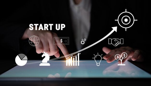 A business start up growth strategy from idea to success. The process of funding, planning, and partnership to reach global market targets. Motif