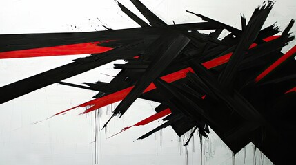Abstract art with bold black and red brushstrokes on a white background, creating a dynamic and energetic composition.