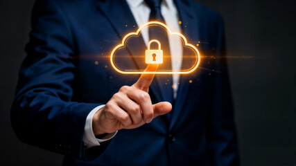 Business professional in dark suit touching glowing holographic cloud with lock icon symbolizing cybersecurity and digital data protection