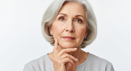 Reflective elderly woman with thoughtful expression and hand on chin