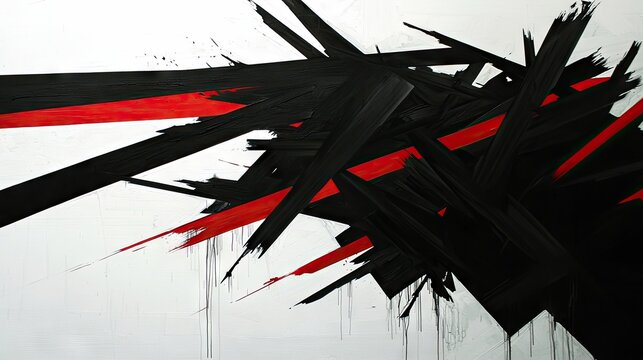 Abstract art with bold black and red brushstrokes on a white background, creating a dynamic and energetic composition.