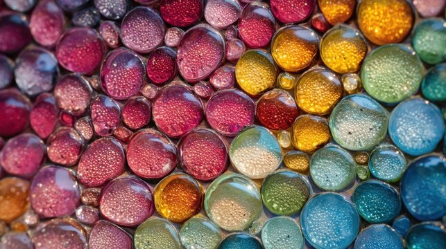 A colorful mosaic of glass beads in various colors and sizes, arranged in a pattern on a wet surface with water droplets, creating a vibrant and textured background. - Powered by Adobe