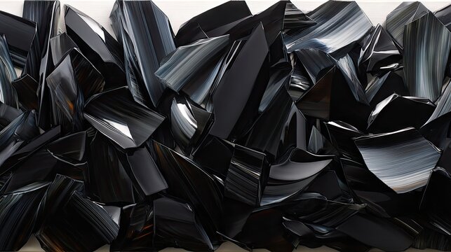 A close-up, abstract arrangement of sharp, angular black crystal-like fragments with swirling white and gray streaks, set against a textured off-white backgroun