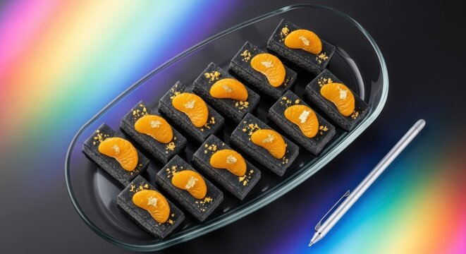 Japaneese cheesecake A platter of dark, rectangular chocolate brownies or cake slices topped with a bright orange mandarin segment, presented on a clear glass dish.