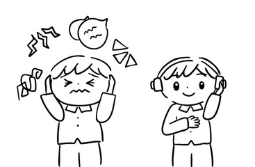 音が苦手な子どもとヘッドホンで落ち着く子どものイラスト／療育・感覚過敏