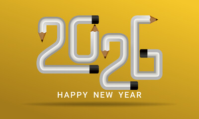 2026 Happy New Year Pencil Style Vector Template Hand Drawn Typography Greeting Card and Banner Design