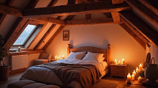 Cozy attic bedroom with wooden beams
