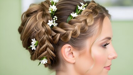 Naklejka premium Elegant Braided Hairstyle Adorned with Delicate White Flowers for a Special Occasion.