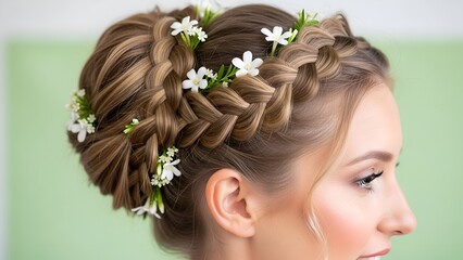 Naklejka premium Elegant braided hairstyle adorned with delicate white flowers.