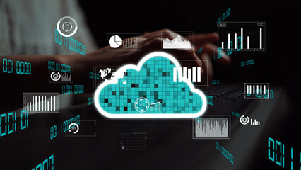 Dynamic visualization of data analytics in cloud computing with various charts and graphs portraying statistical insights in a modern digital landscape. Xenic