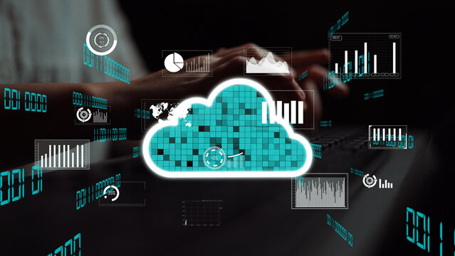Dynamic visualization of data analytics in cloud computing with various charts and graphs portraying statistical insights in a modern digital landscape. Xenic