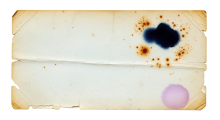 Vintage horizontal textured paper isolated with dark ink blot and rust stains.
